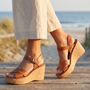 Kork-Ease Ava Classic Platform Wedge Natural Vachetta Leather Tan Size 9